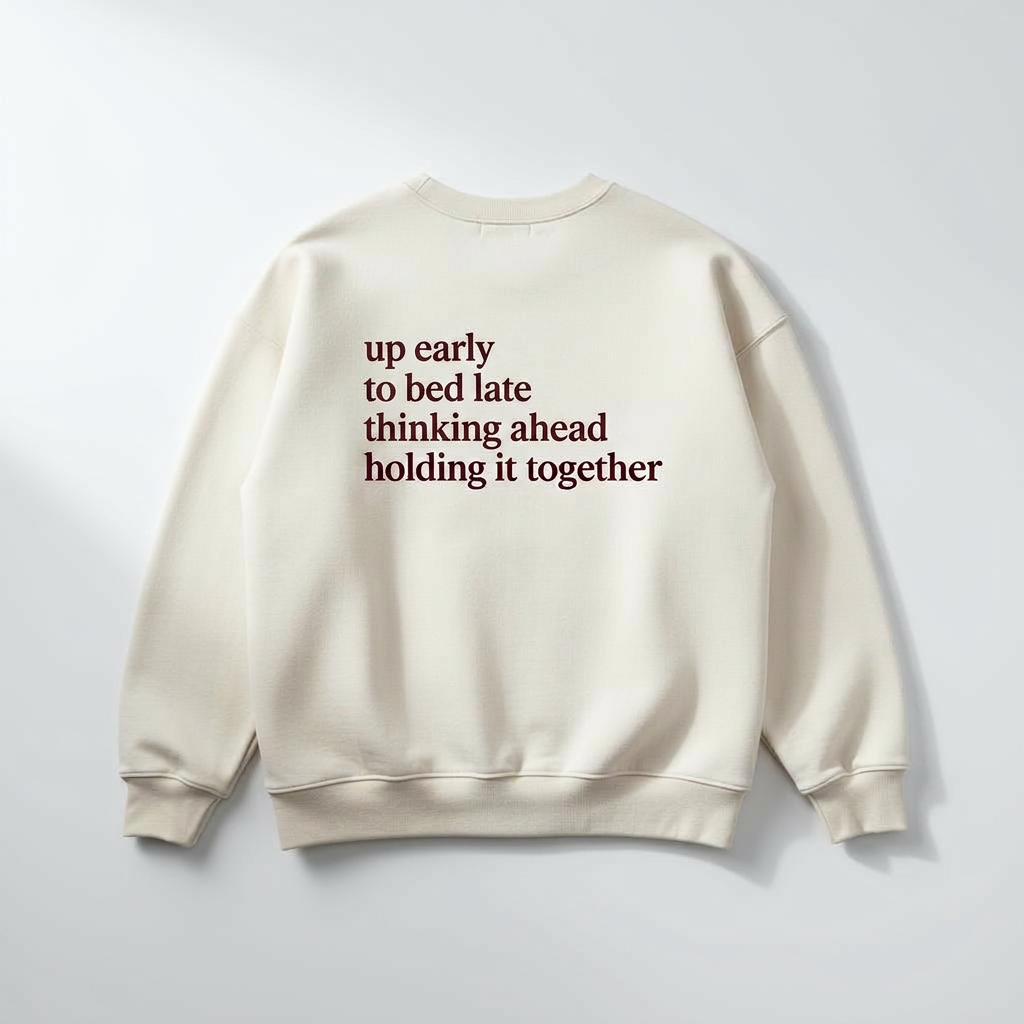 Back of the 24/8 tee with four small stacked lines: up early, to bed late, thinking ahead, holding it together