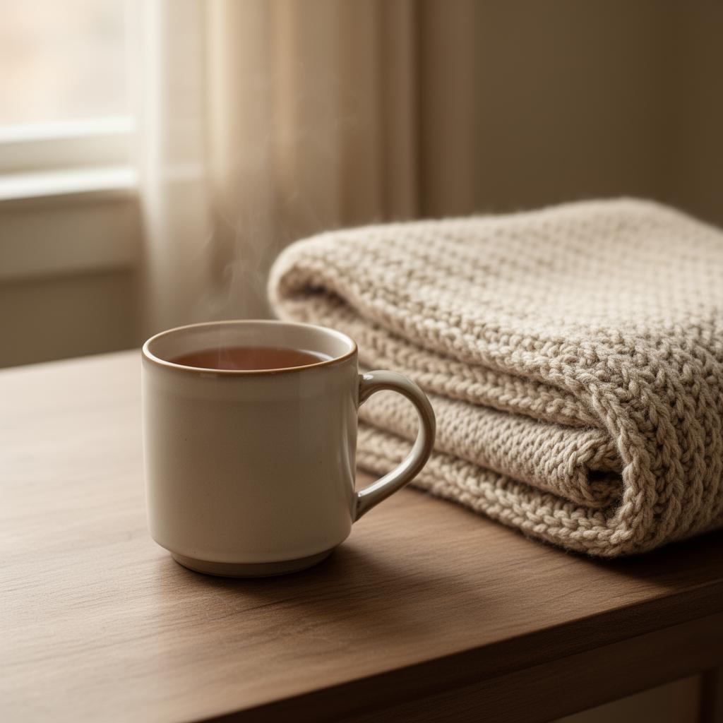 A warm mug of tea beside a folded knit blanket